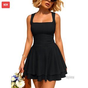 Square Neck Ruched Waist Mini Dress Summer Party Flowy Ruffle Hem